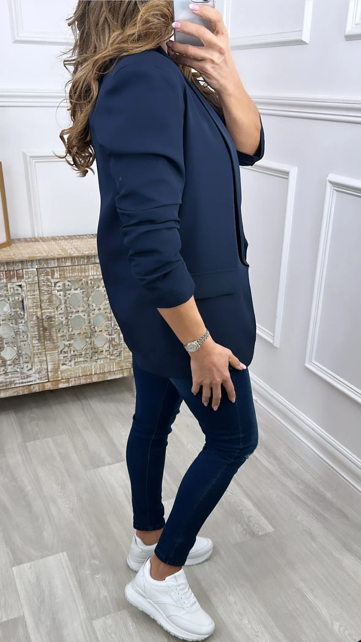 Merrill Navy Gathered Sleeve Blazer