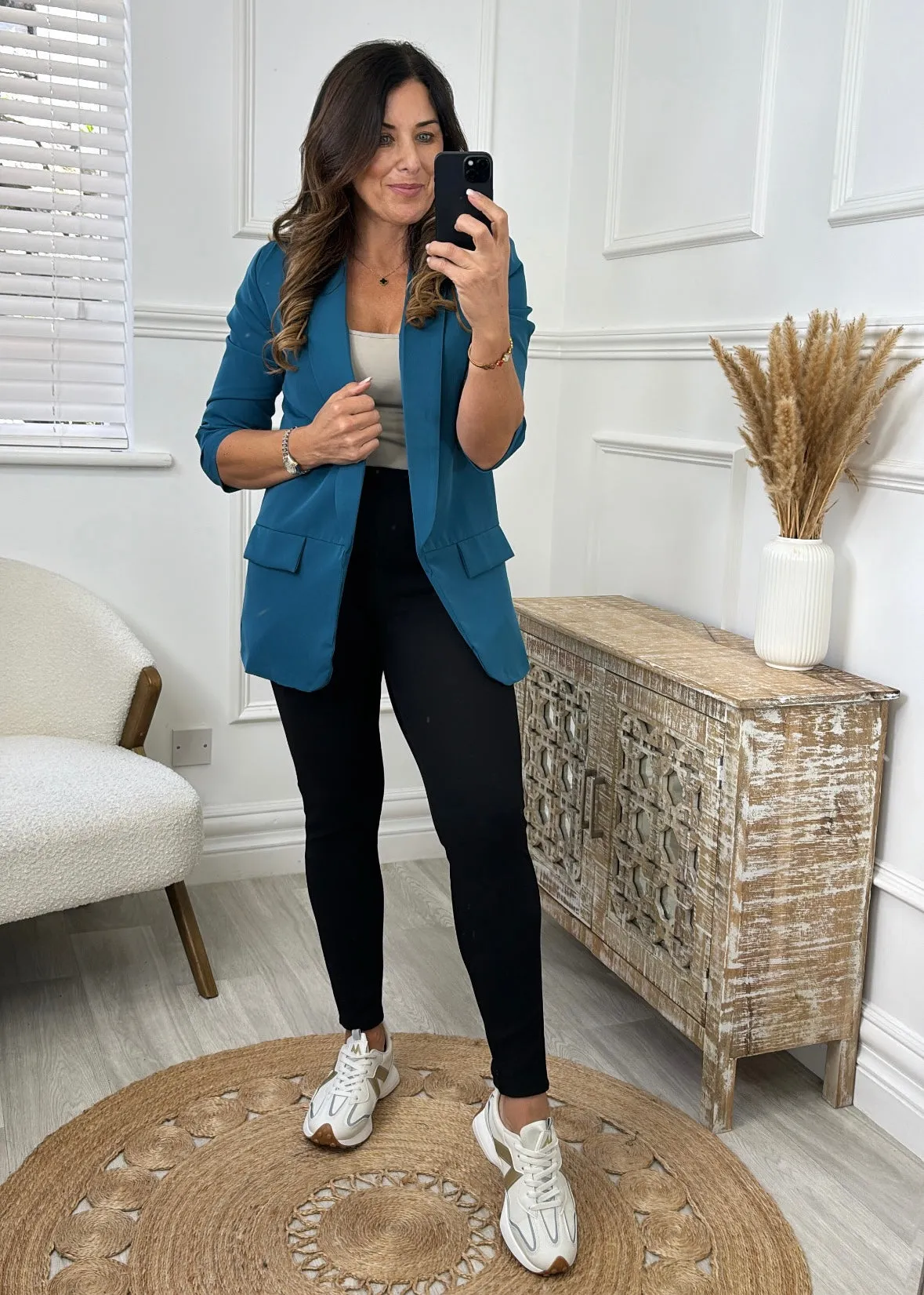 Merrill Teal Gathered Sleeve Blazer