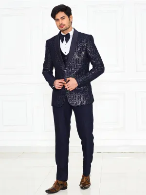 Metallic Printed all Navy 3 Piece Suit for Men
