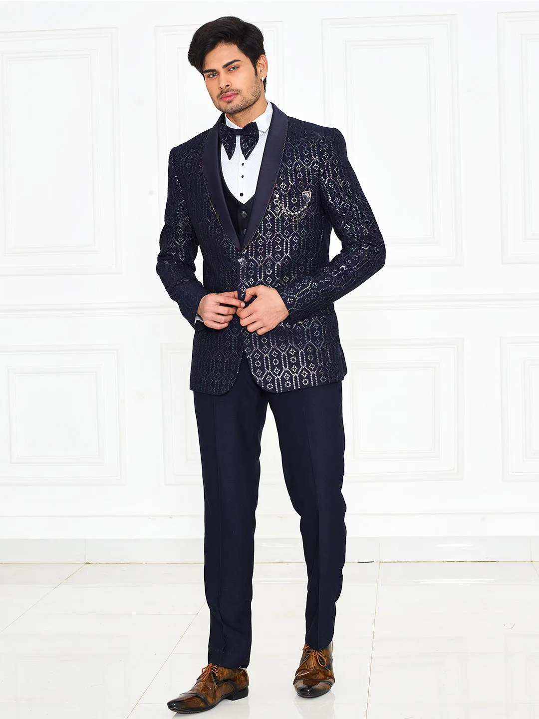 Metallic Printed all Navy 3 Piece Suit for Men