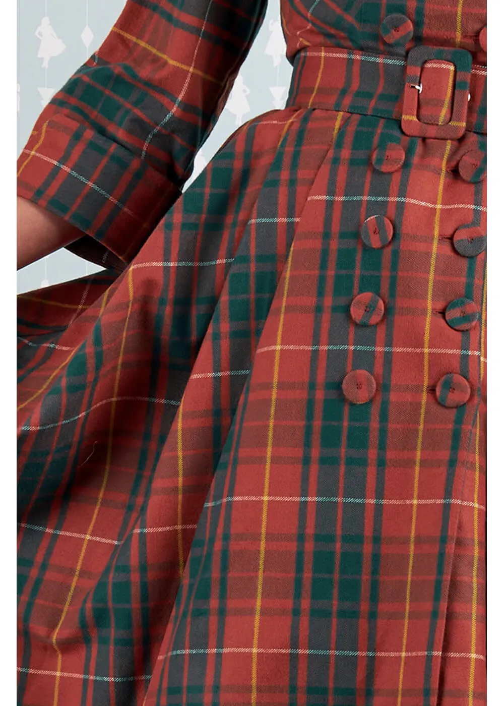 Miss Candyfloss Edrice Fire Tartan 50's Swing Dress Overcoat Orange Green