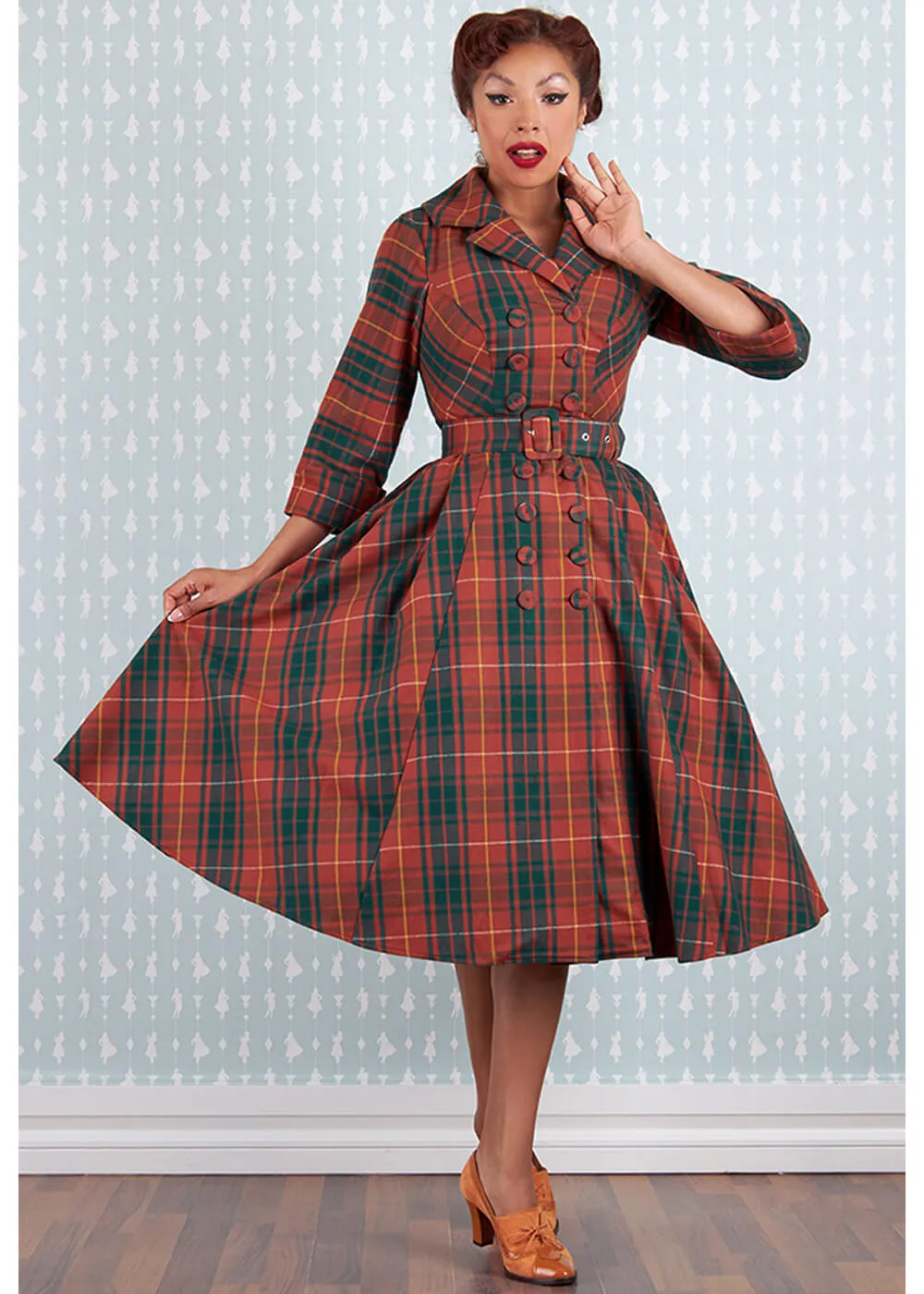 Miss Candyfloss Edrice Fire Tartan 50's Swing Dress Overcoat Orange Green