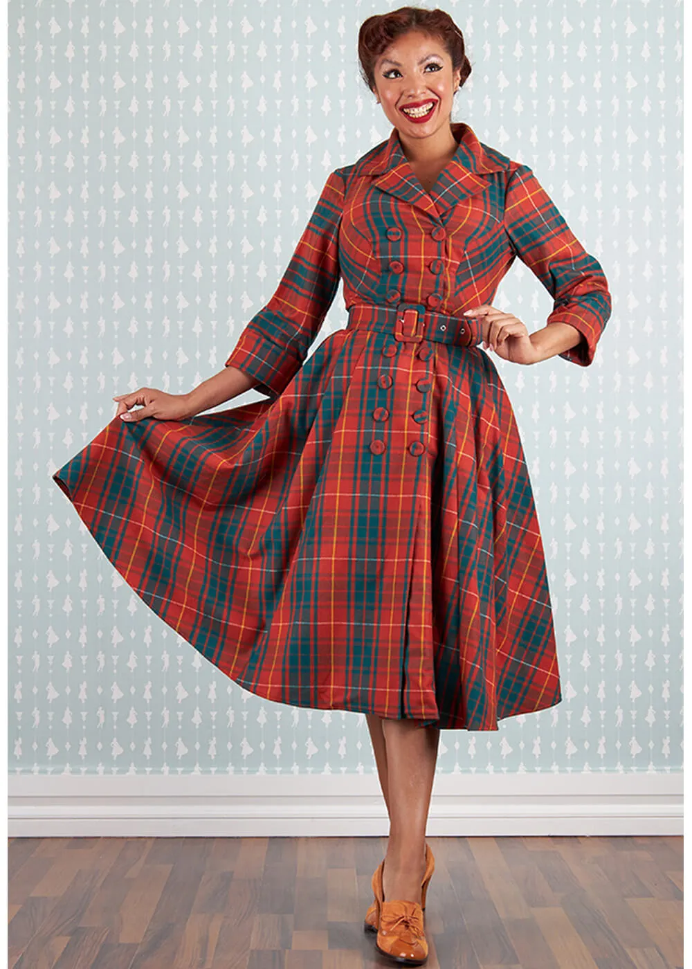 Miss Candyfloss Edrice Fire Tartan 50's Swing Dress Overcoat Orange Green