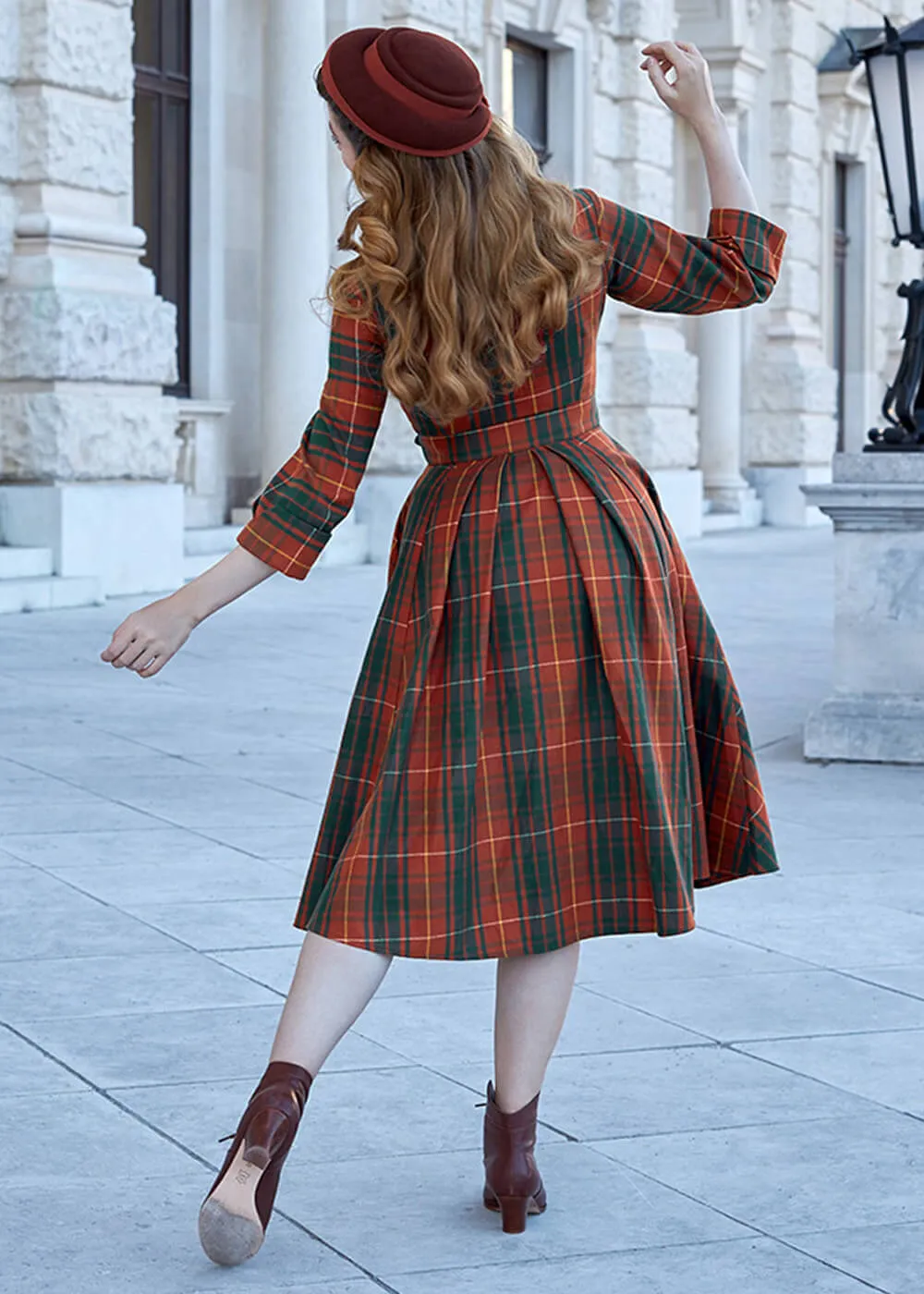 Miss Candyfloss Edrice Fire Tartan 50's Swing Dress Overcoat Orange Green