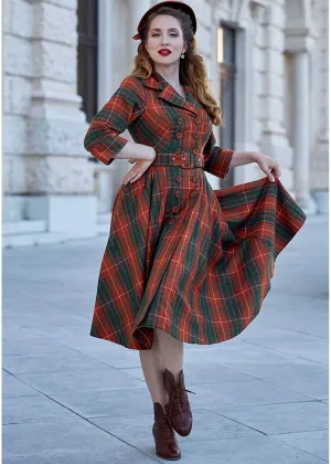 Miss Candyfloss Edrice Fire Tartan 50's Swing Dress Overcoat Orange Green