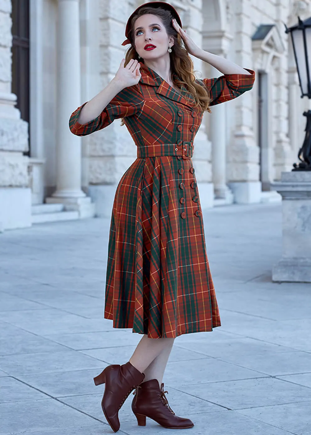 Miss Candyfloss Edrice Fire Tartan 50's Swing Dress Overcoat Orange Green