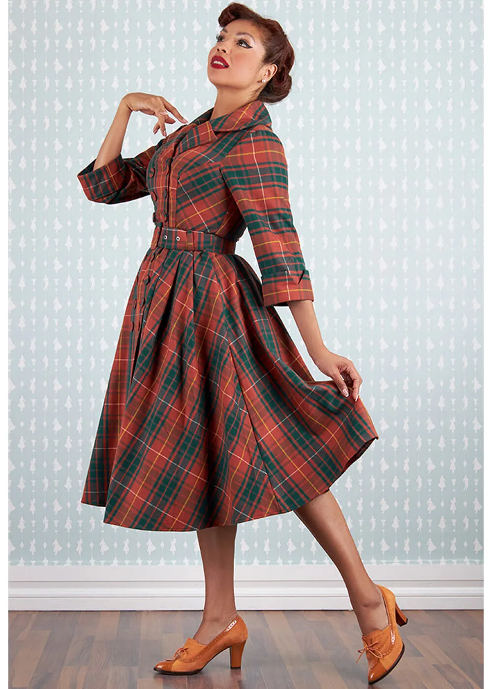 Miss Candyfloss Edrice Fire Tartan 50's Swing Dress Overcoat Orange Green