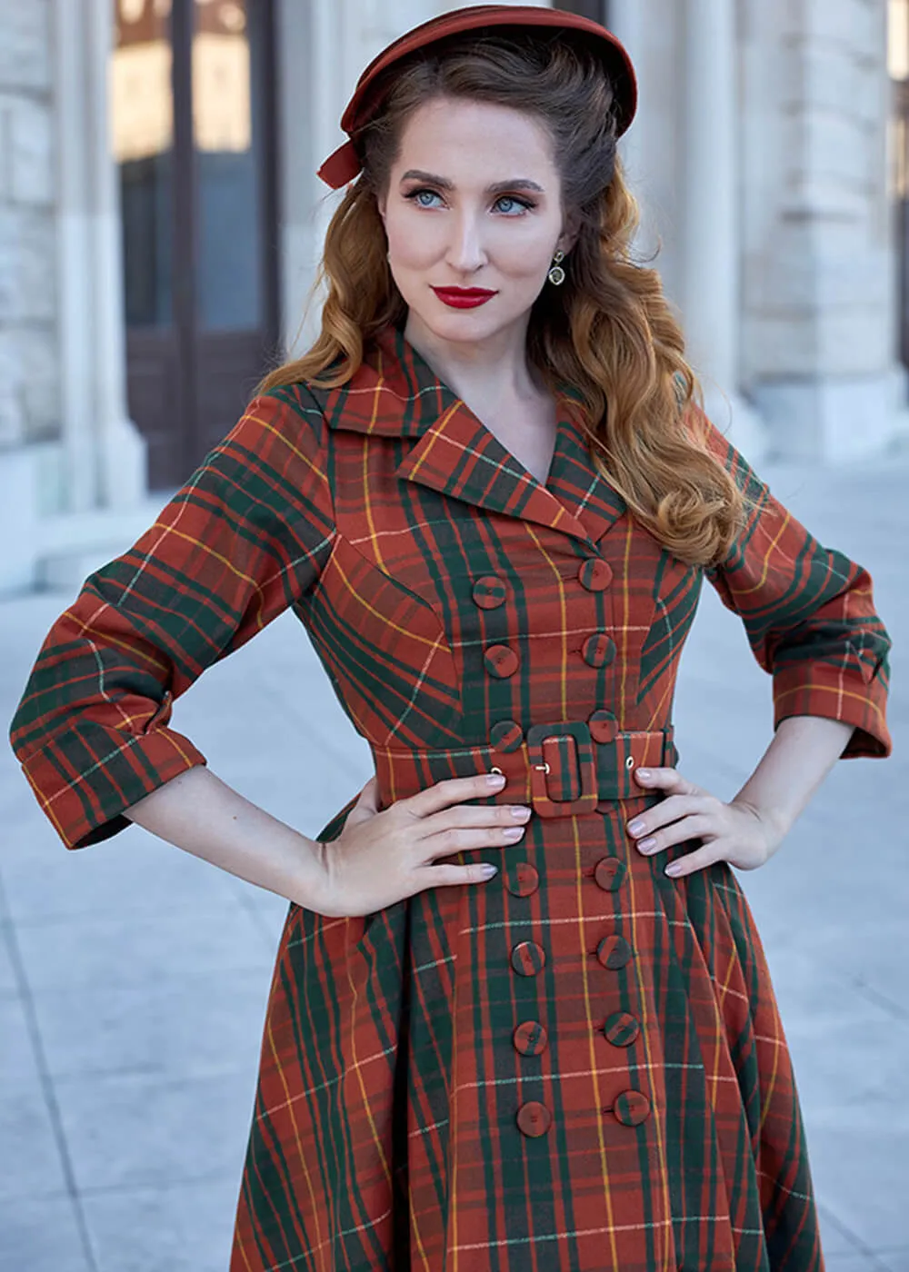 Miss Candyfloss Edrice Fire Tartan 50's Swing Dress Overcoat Orange Green