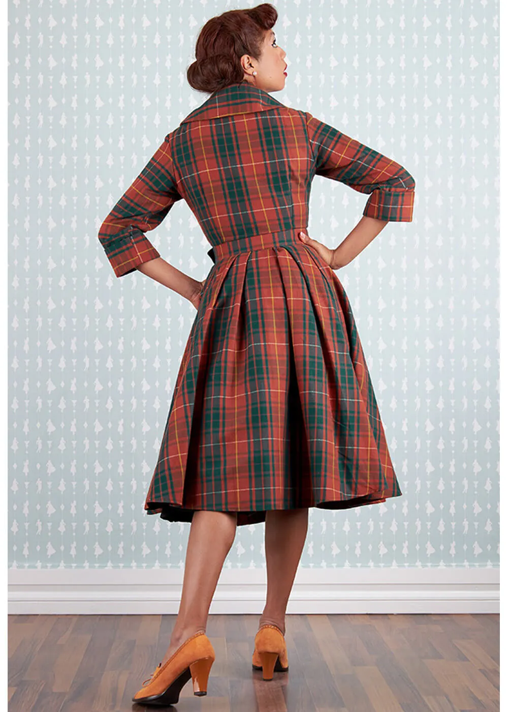 Miss Candyfloss Edrice Fire Tartan 50's Swing Dress Overcoat Orange Green