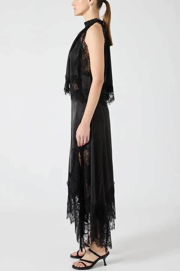 Modern Muse Satin Lace Trim Pleated Neck Top and A-line Irregular Slit Skirt Set