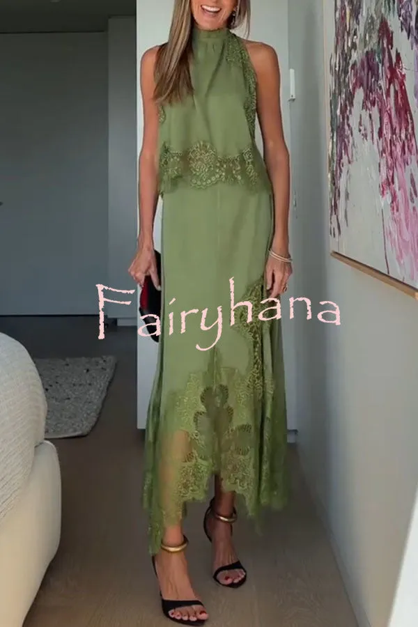Modern Muse Satin Lace Trim Pleated Neck Top and A-line Irregular Slit Skirt Set