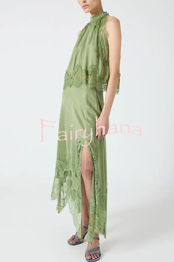 Modern Muse Satin Lace Trim Pleated Neck Top and A-line Irregular Slit Skirt Set