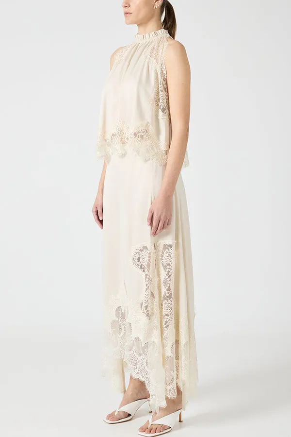 Modern Muse Satin Lace Trim Pleated Neck Top and A-line Irregular Slit Skirt Set