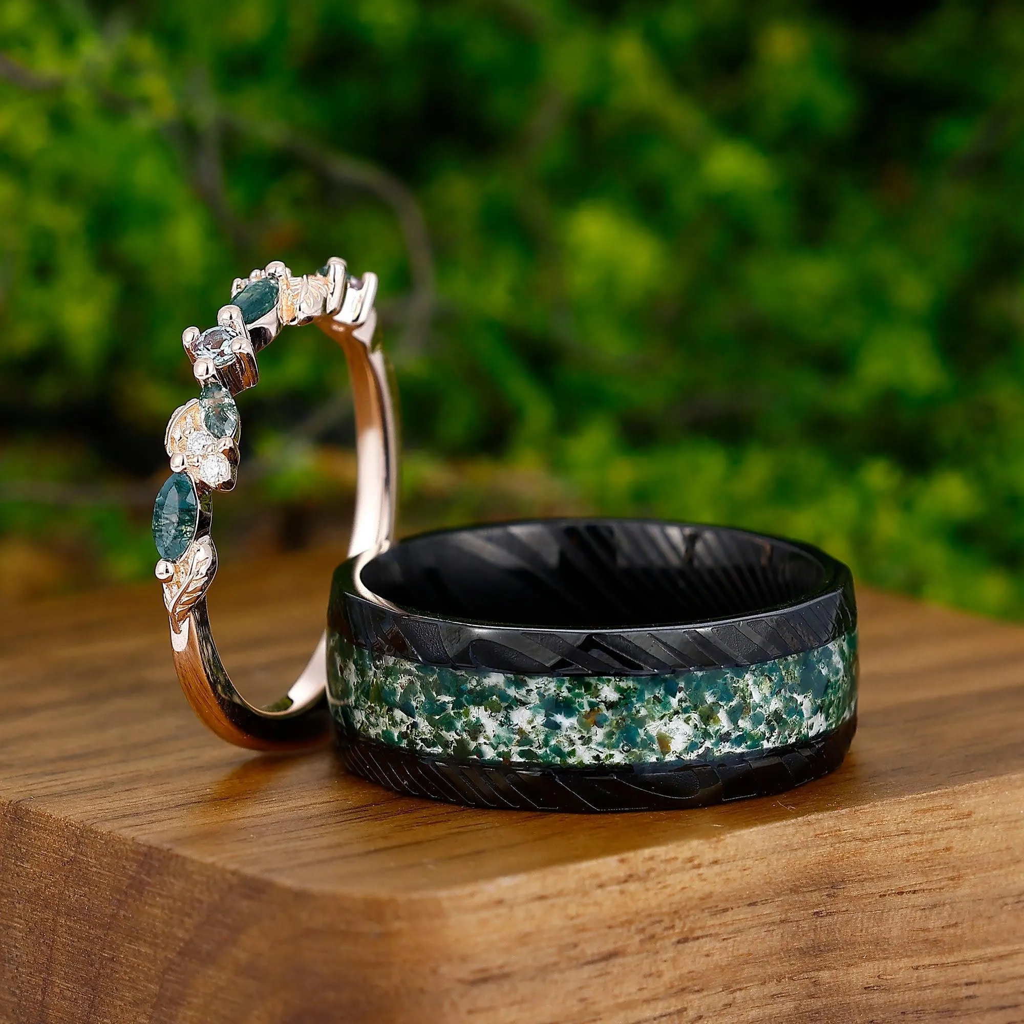 Moss Agate Couples Ring 925 Sterling Silver Matching Nature Promise Ring Marriage Bands