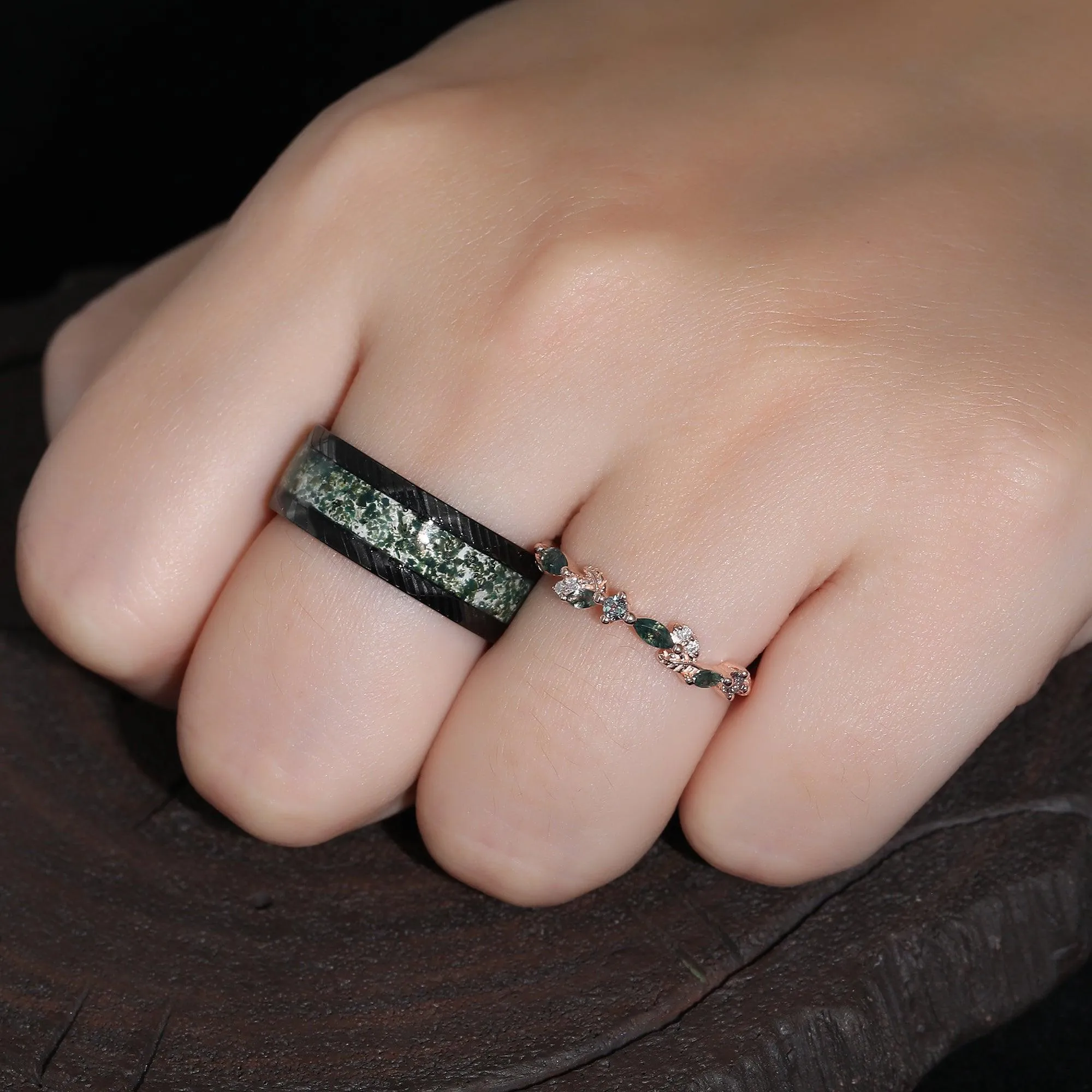 Moss Agate Couples Ring 925 Sterling Silver Matching Nature Promise Ring Marriage Bands