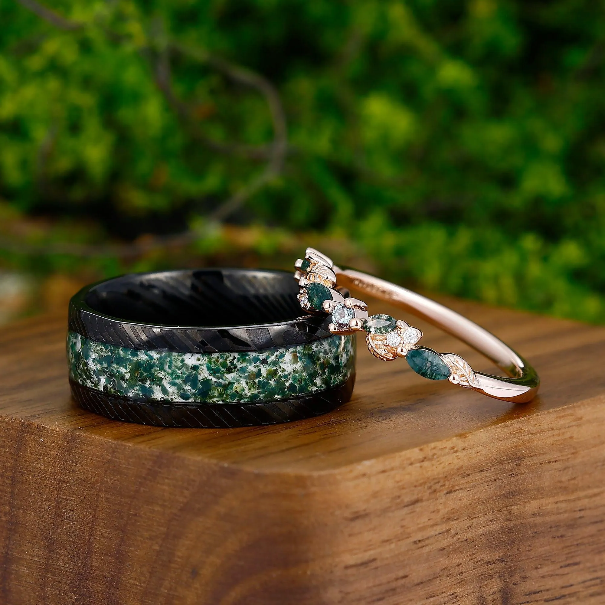Moss Agate Couples Ring 925 Sterling Silver Matching Nature Promise Ring Marriage Bands