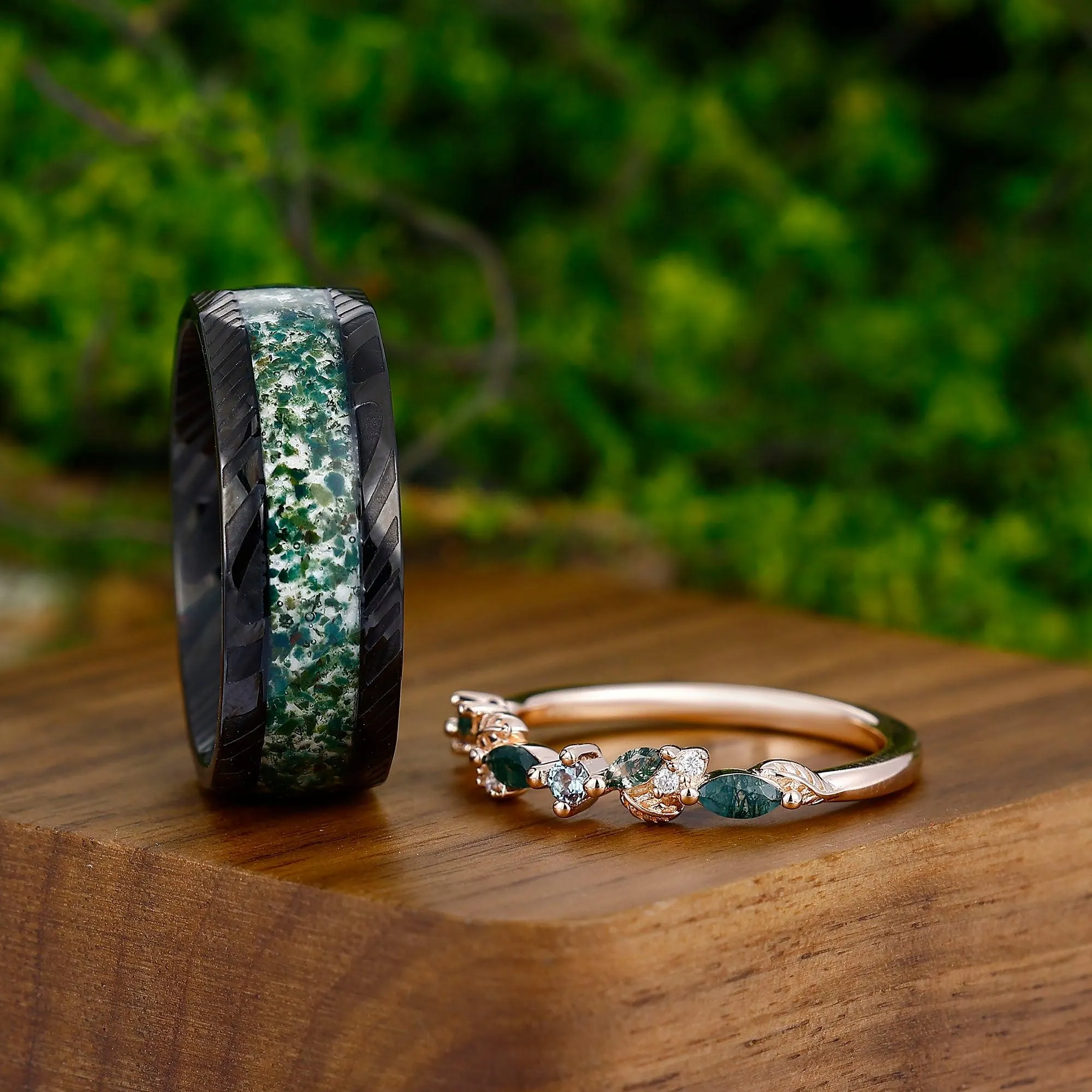 Moss Agate Couples Ring 925 Sterling Silver Matching Nature Promise Ring Marriage Bands