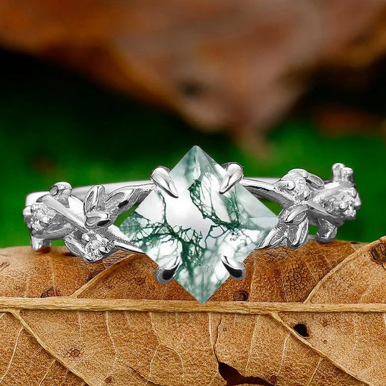 Moss Agate Rings for Couples Leaf 925 Sterling Silver And Dome Polished Tungsten Matching Ring