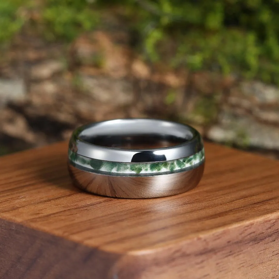 Moss Agate Rings for Couples Leaf 925 Sterling Silver And Dome Polished Tungsten Matching Ring