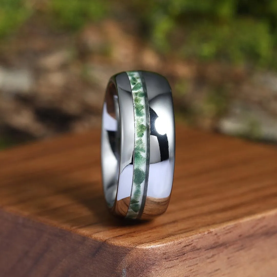Moss Agate Rings for Couples Leaf 925 Sterling Silver And Dome Polished Tungsten Matching Ring