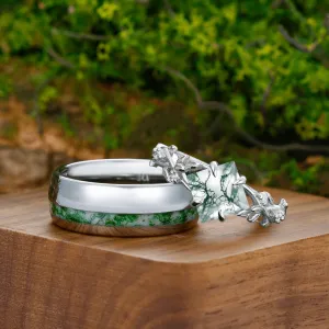Moss Agate Rings for Couples Leaf 925 Sterling Silver And Dome Polished Tungsten Matching Ring