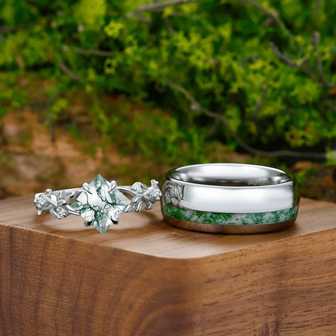 Moss Agate Rings for Couples Leaf 925 Sterling Silver And Dome Polished Tungsten Matching Ring