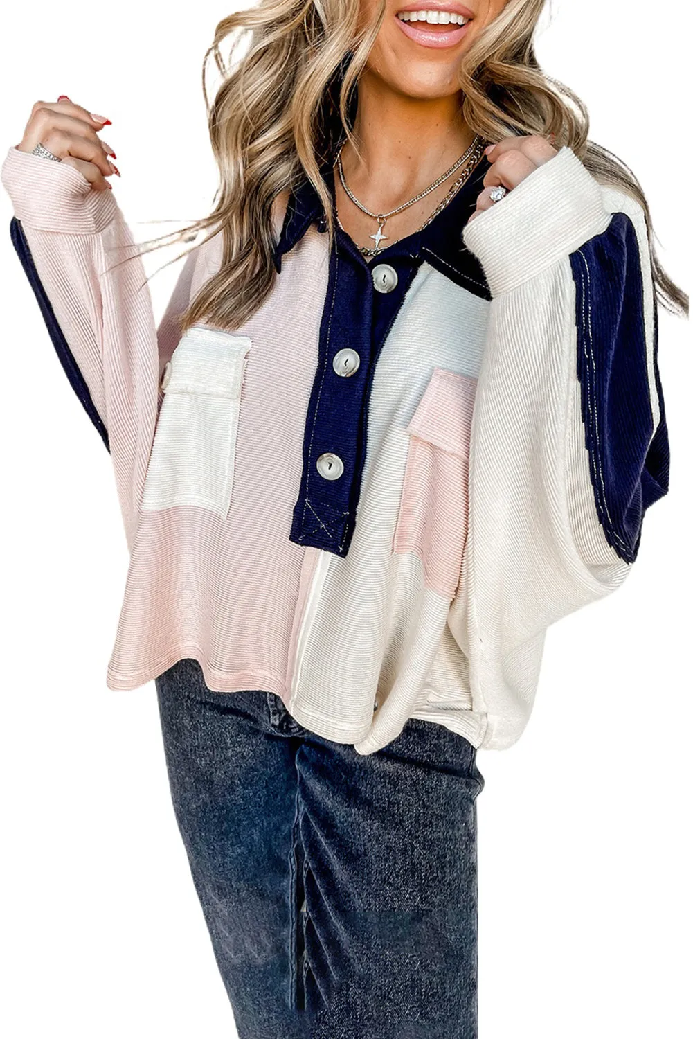 Multicolor Colorblock Flap Pockets Henley Collared Top