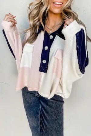 Multicolor Colorblock Flap Pockets Henley Collared Top