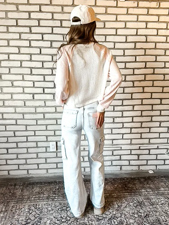 Natalie Color Block Henley Top ~ White/Pink