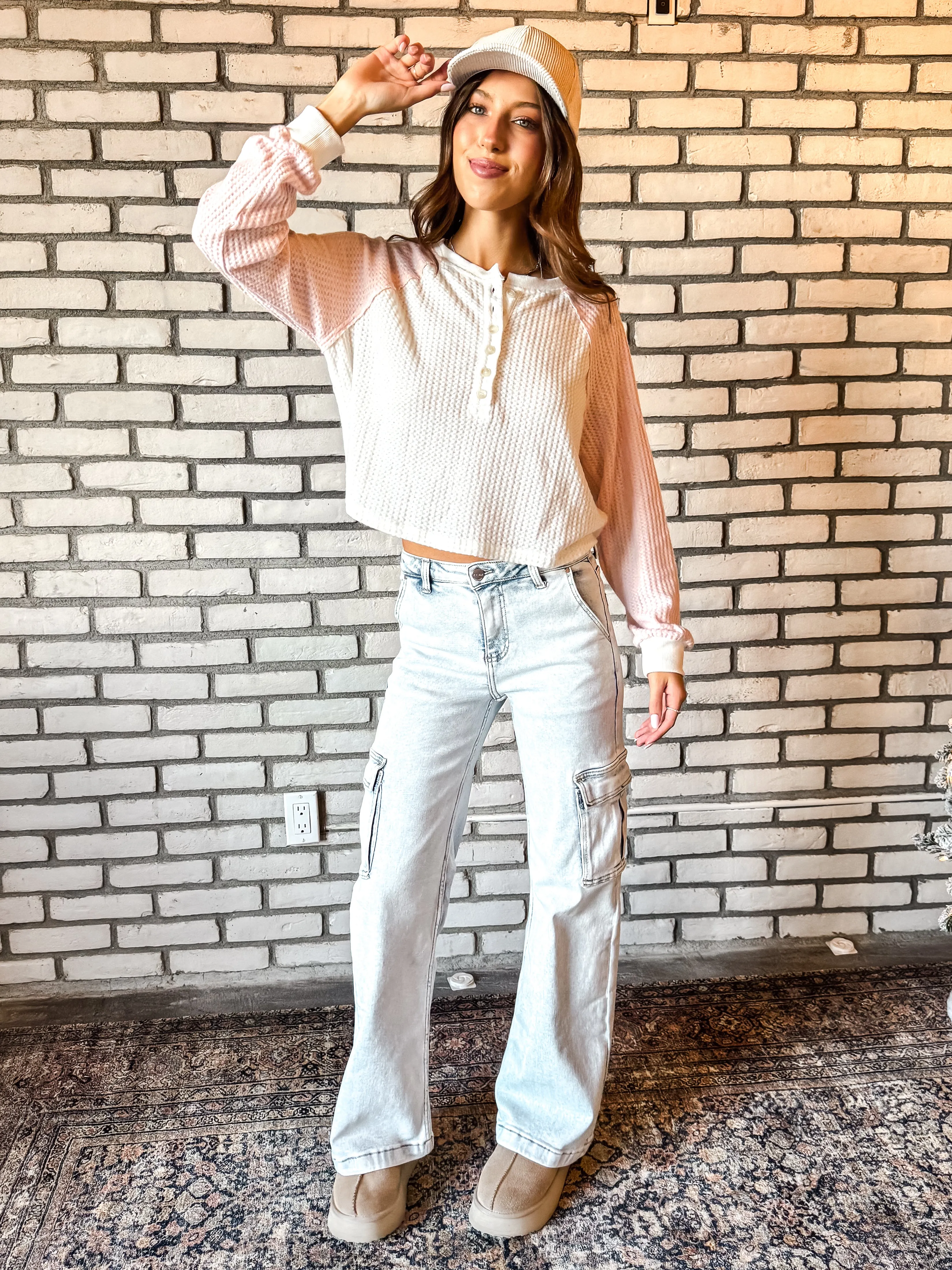 Natalie Color Block Henley Top ~ White/Pink