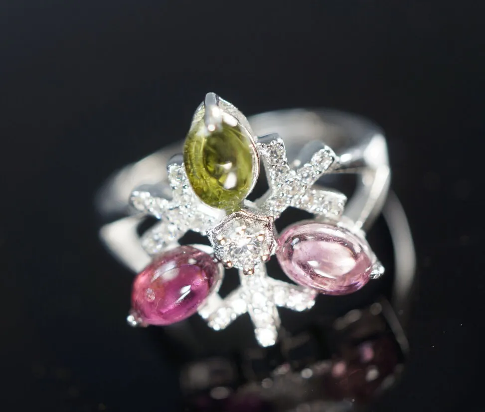 Natural Tourmaline Ring, Engagement Ring, Promise Ring, Multi Gemstone Sterling Silver Cz Ring, Anniversary Claddah Ring