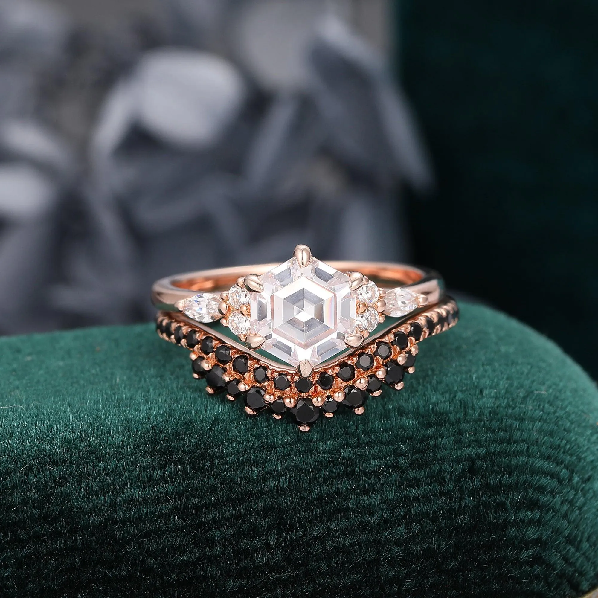 Nature Inspired 1.35 Carat Hexagon Cut Pave Setting Moissanite Bridal Set For Women
