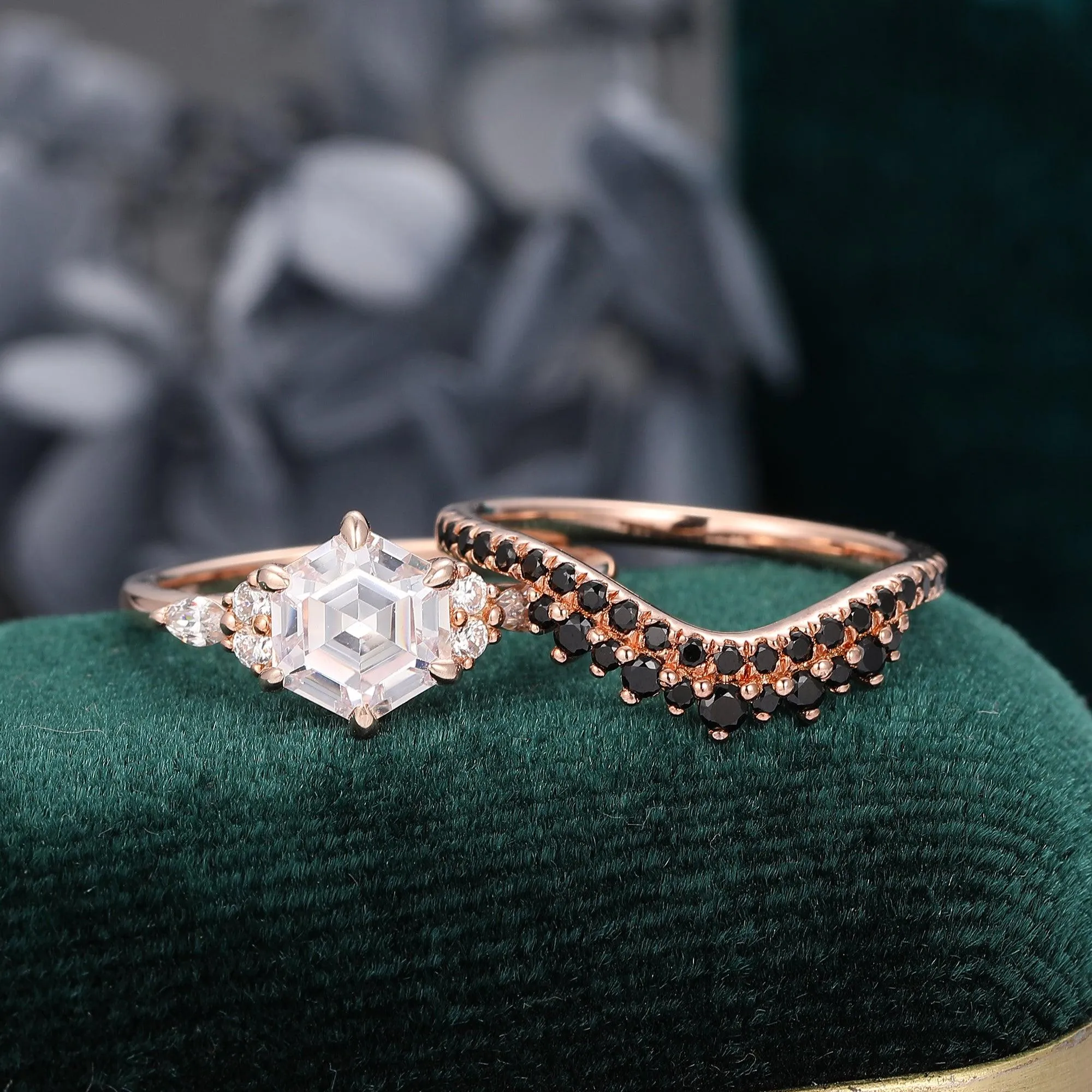 Nature Inspired 1.35 Carat Hexagon Cut Pave Setting Moissanite Bridal Set For Women