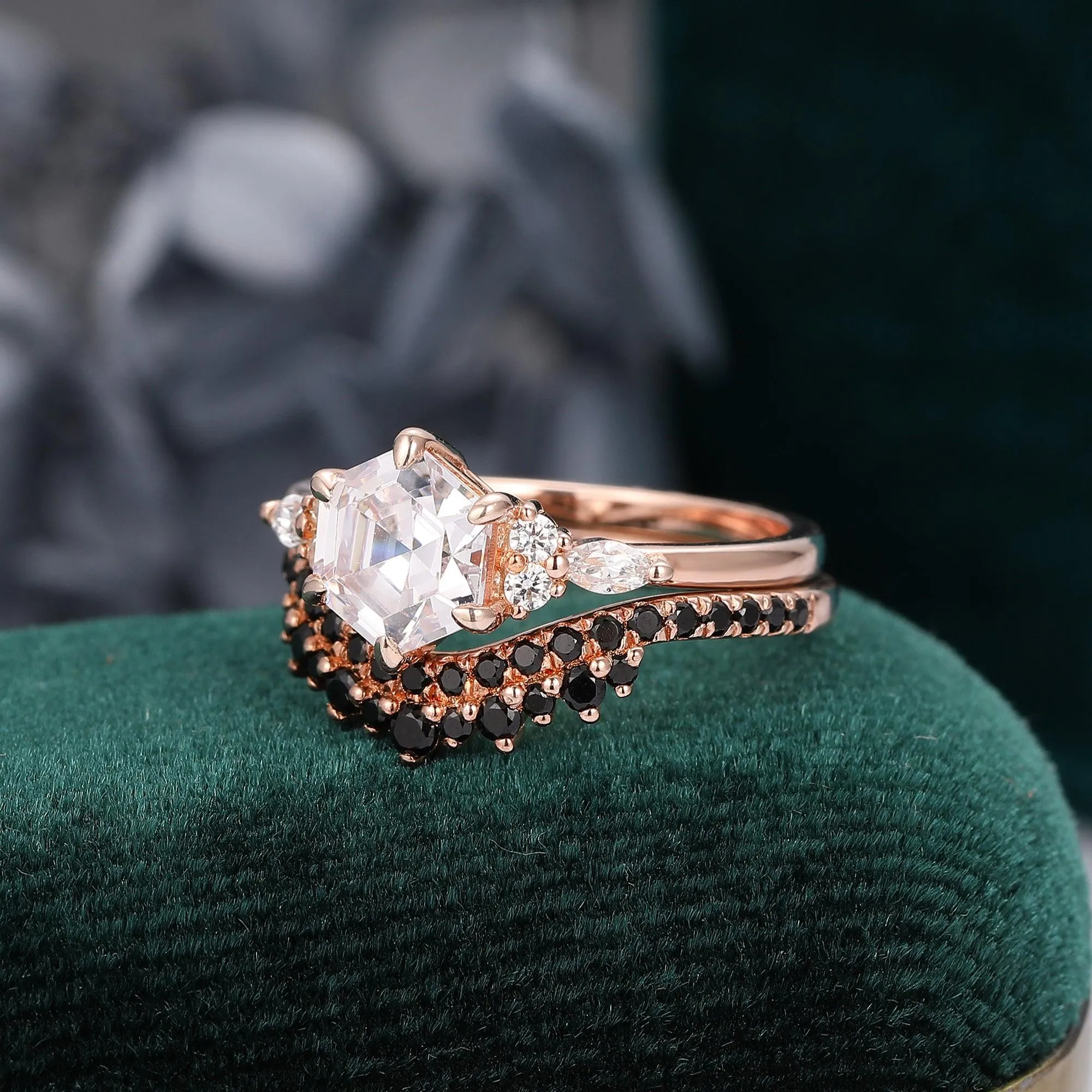 Nature Inspired 1.35 Carat Hexagon Cut Pave Setting Moissanite Bridal Set For Women