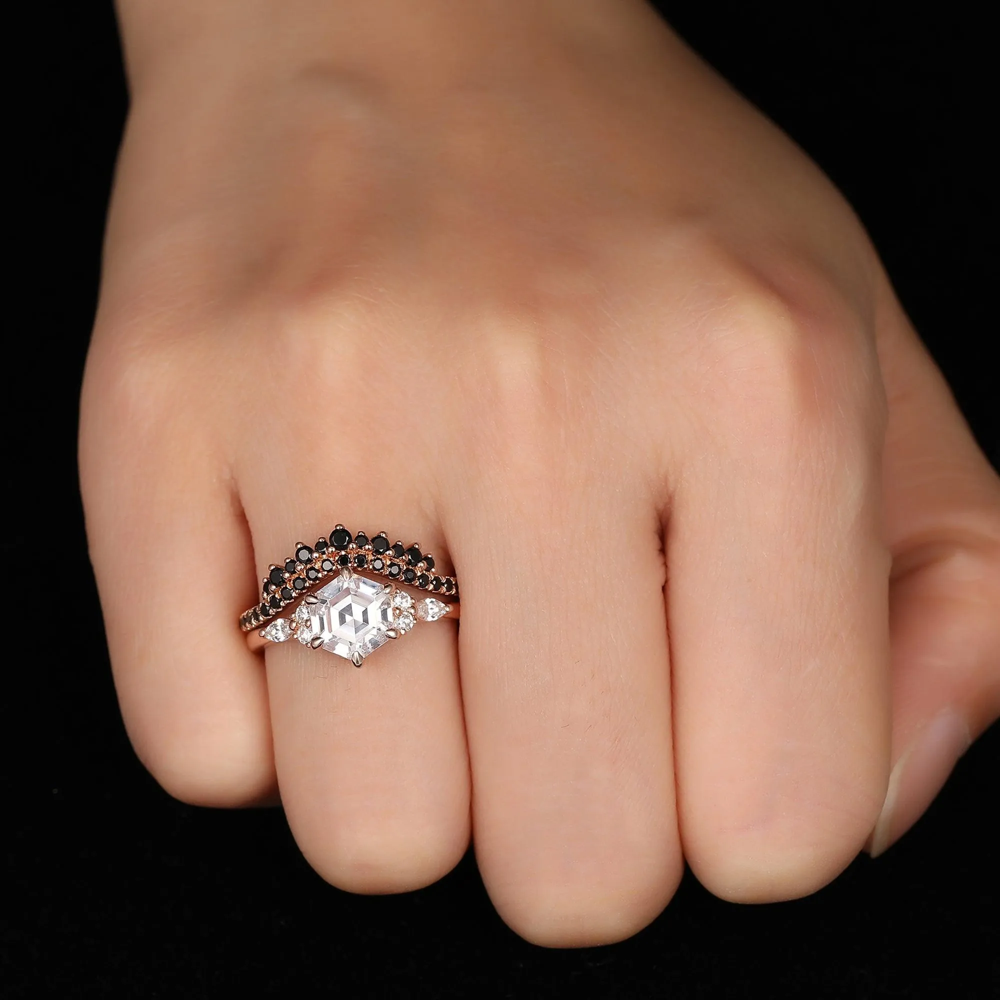 Nature Inspired 1.35 Carat Hexagon Cut Pave Setting Moissanite Bridal Set For Women