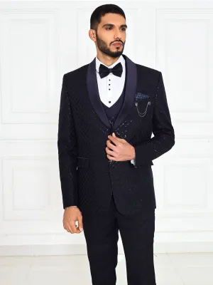 Navy Blue Embellished 3 Piece Suit for Men