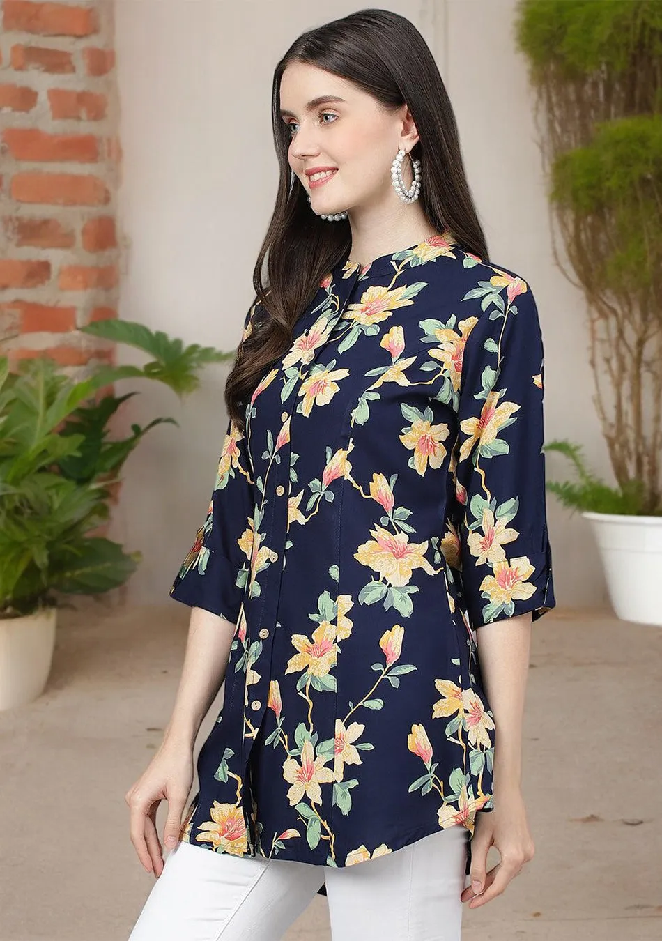 Navy Blue Floral printed Rayon A-line Shirts Style Top