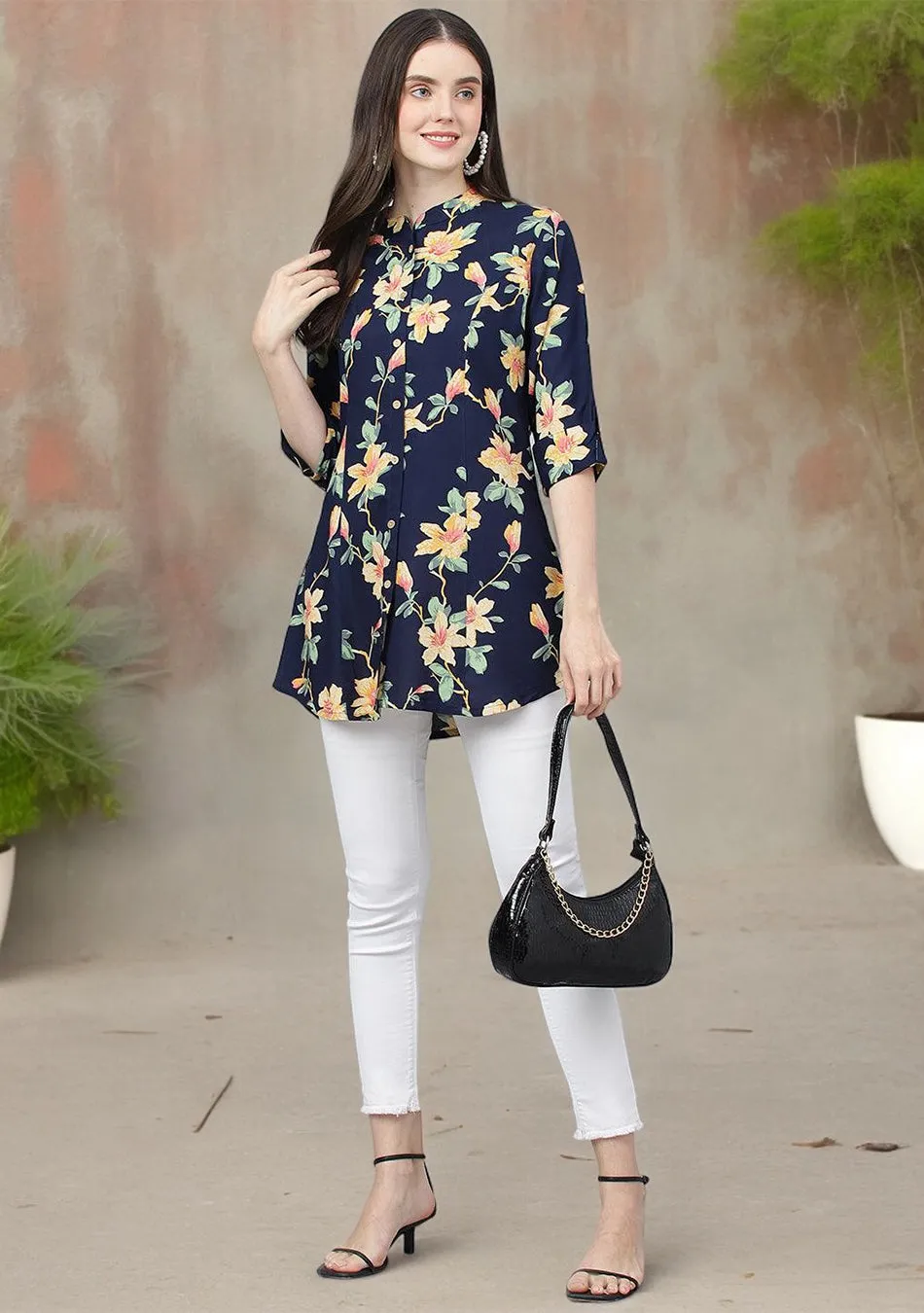 Navy Blue Floral printed Rayon A-line Shirts Style Top