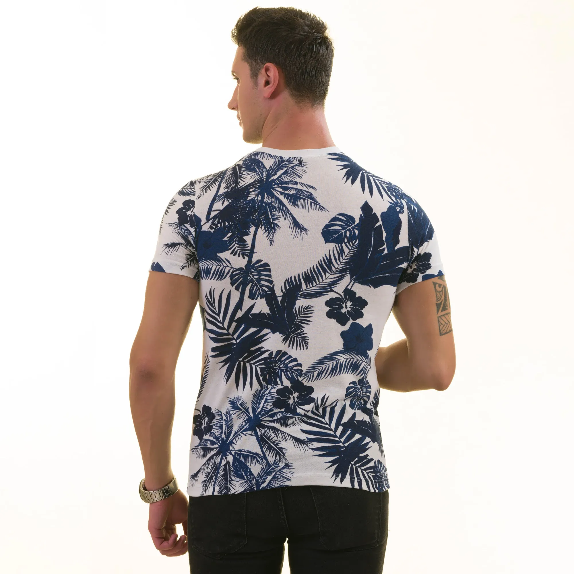 Navy Floral White  European Made Premium Quality T-Shirt - Crew Neck Short Sleeve T-Shirts