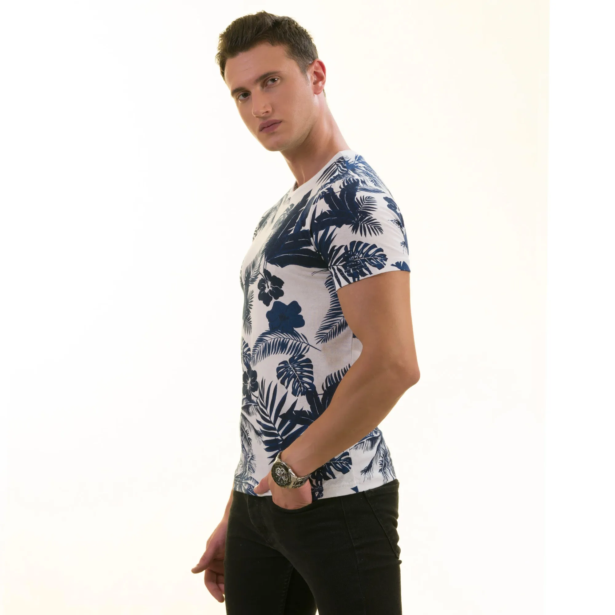 Navy Floral White  European Made Premium Quality T-Shirt - Crew Neck Short Sleeve T-Shirts