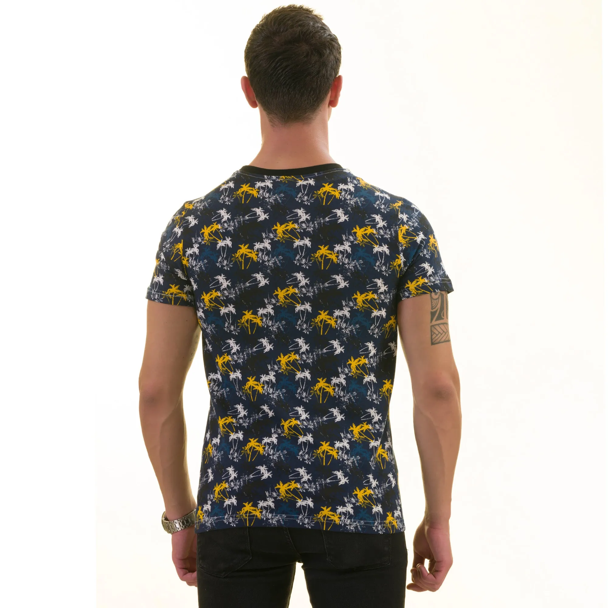 Navy with Palm Trees European Made Premium Quality T-Shirt - Crew Neck Short Sleeve T-Shirts