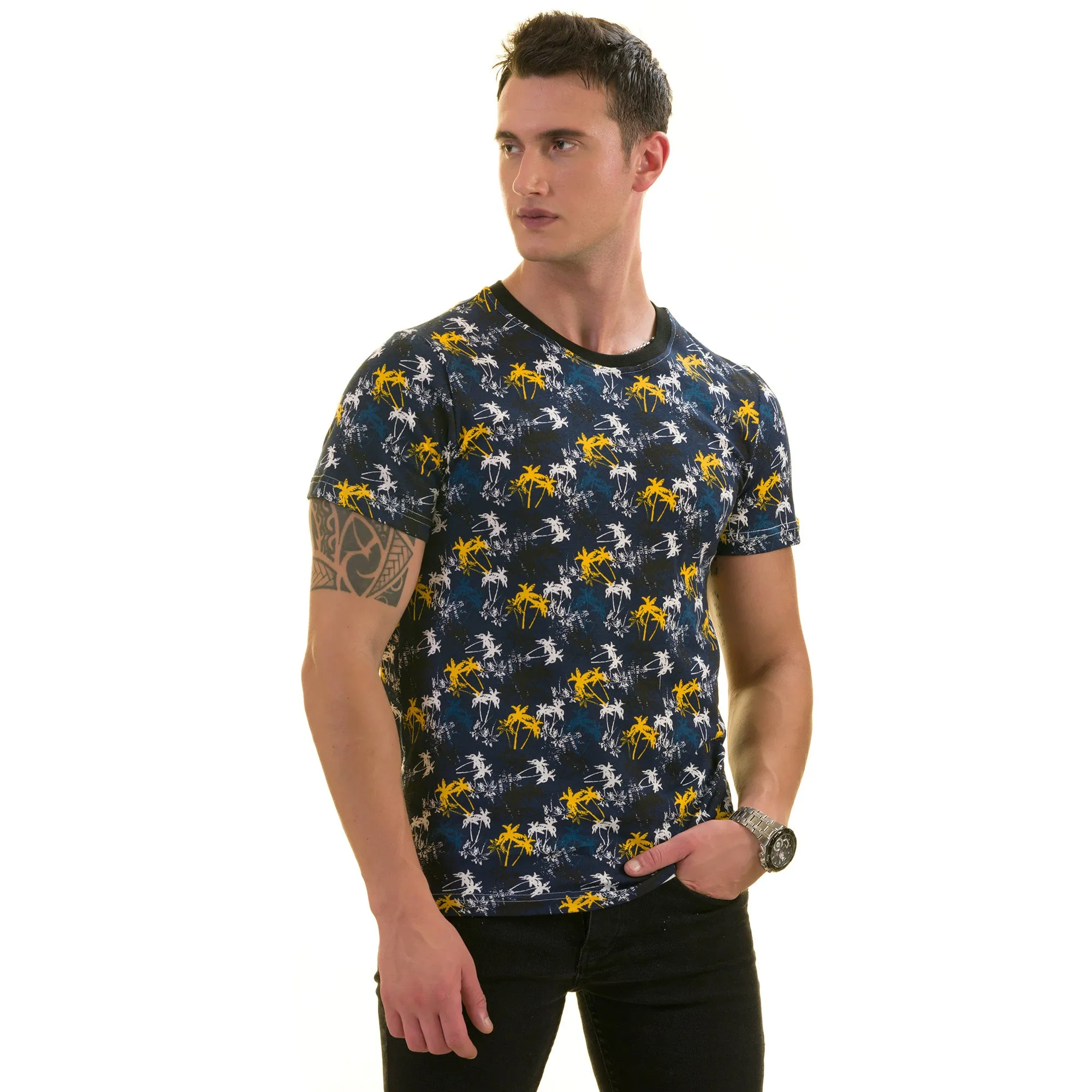 Navy with Palm Trees European Made Premium Quality T-Shirt - Crew Neck Short Sleeve T-Shirts