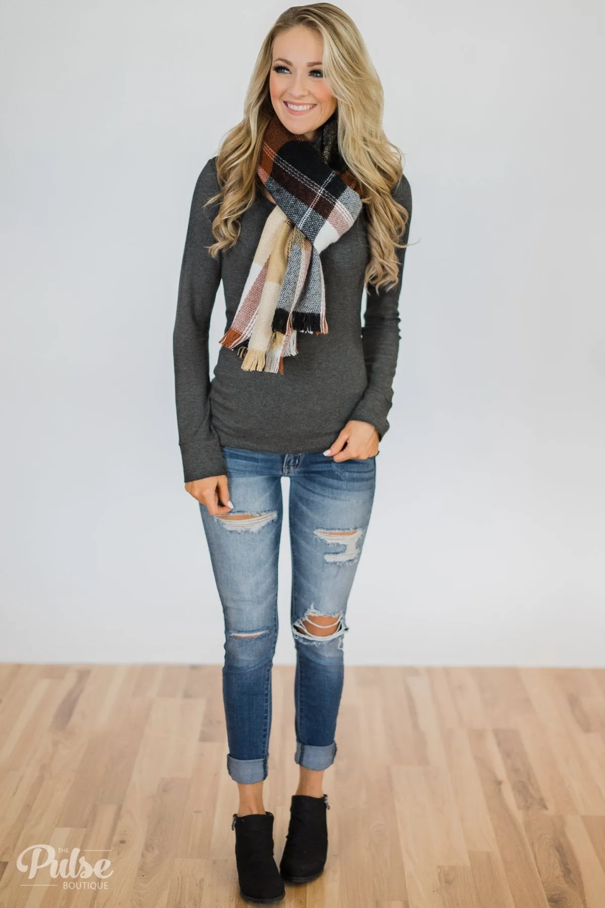 Need You Now 5-Button Henley Top- Charcoal Grey