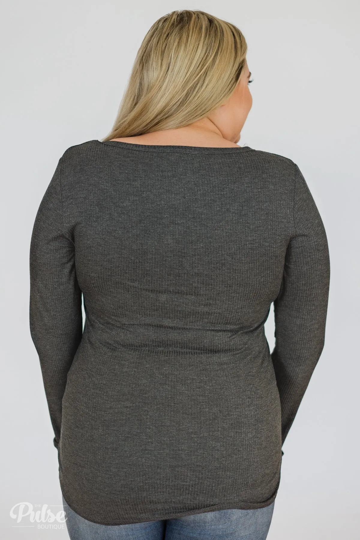 Need You Now 5-Button Henley Top- Charcoal Grey