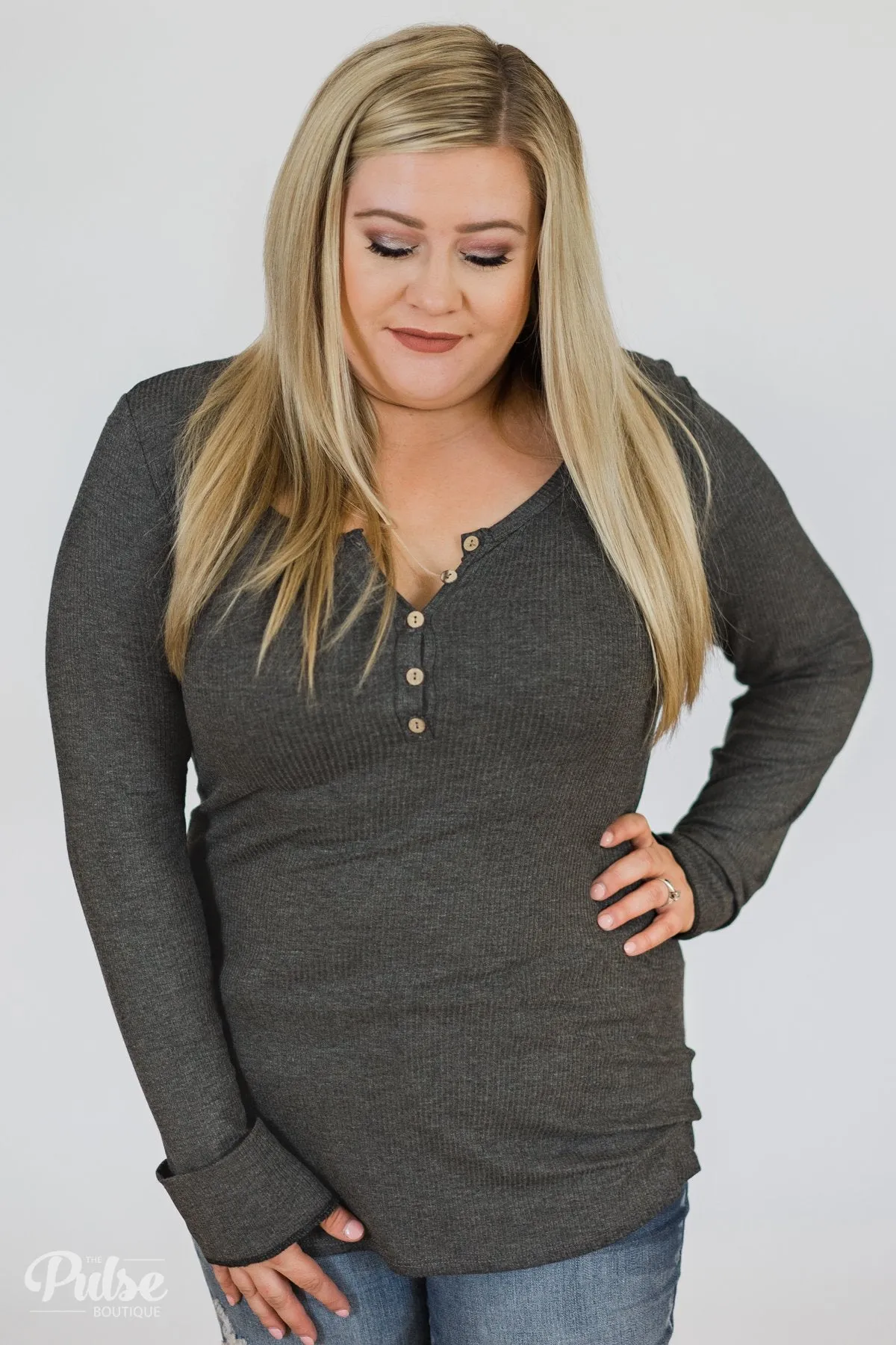 Need You Now 5-Button Henley Top- Charcoal Grey