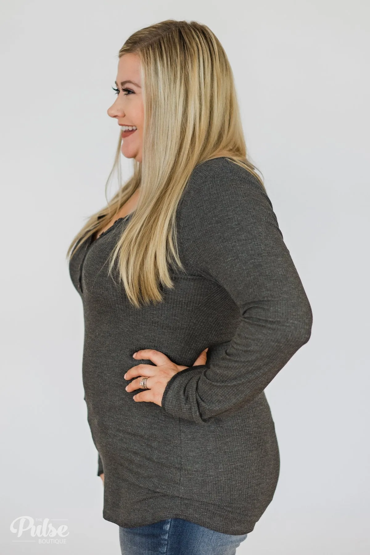 Need You Now 5-Button Henley Top- Charcoal Grey