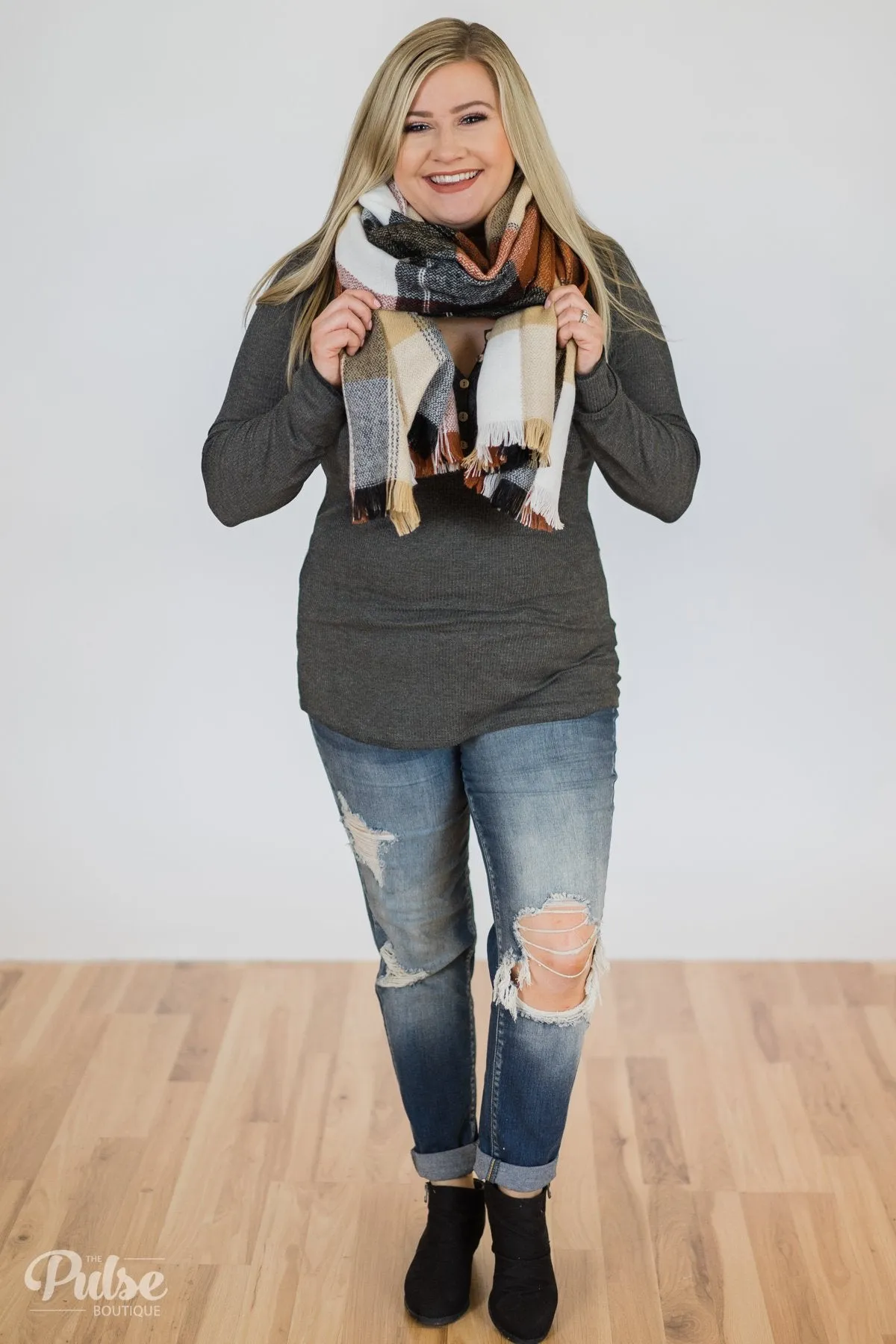 Need You Now 5-Button Henley Top- Charcoal Grey