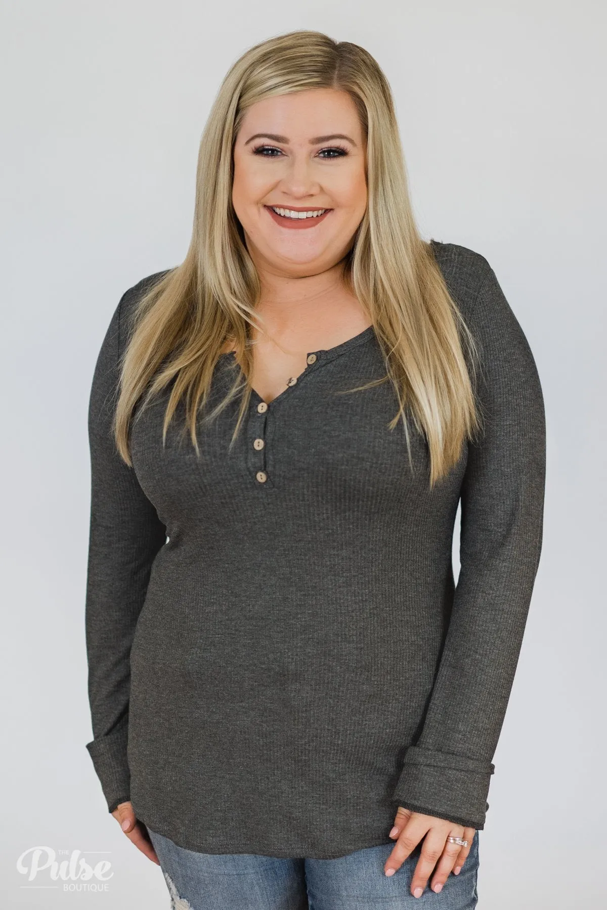 Need You Now 5-Button Henley Top- Charcoal Grey