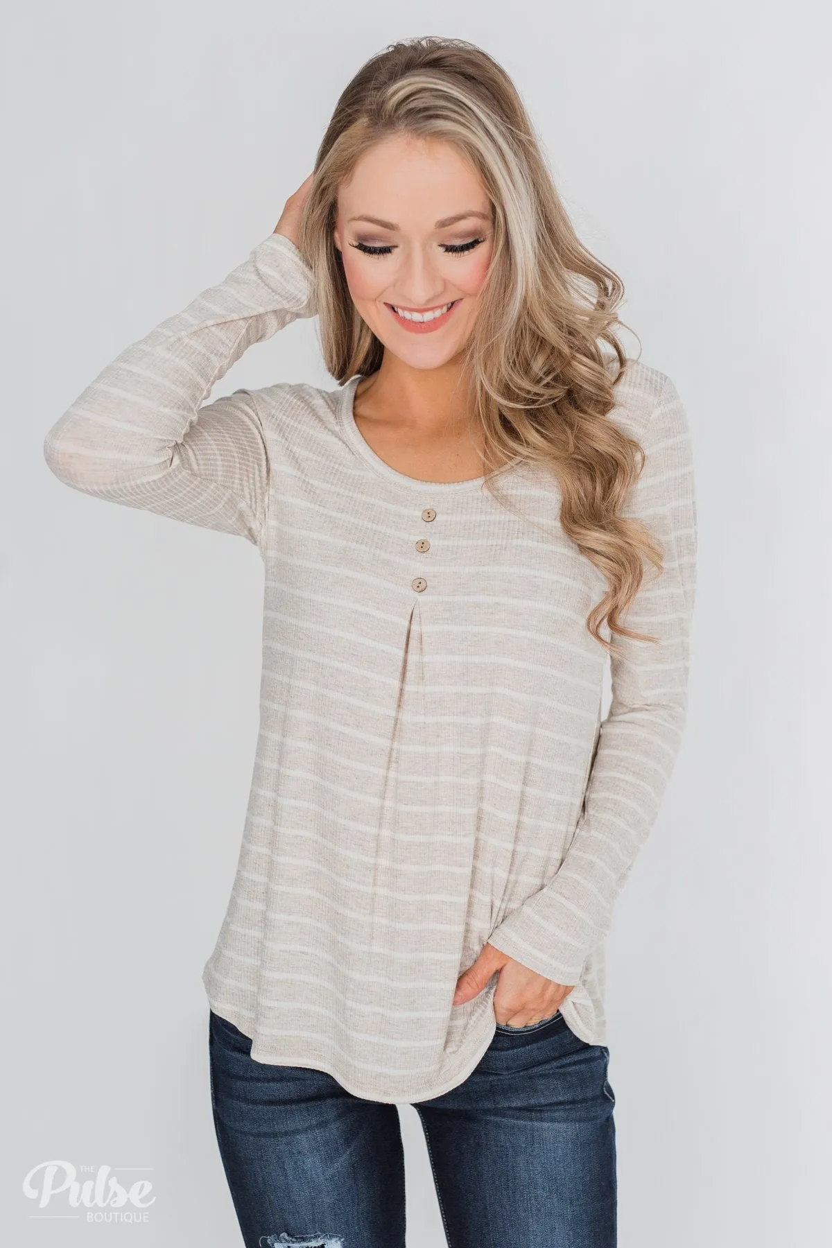 Never Forget You Pleated Striped Top- Oatmeal