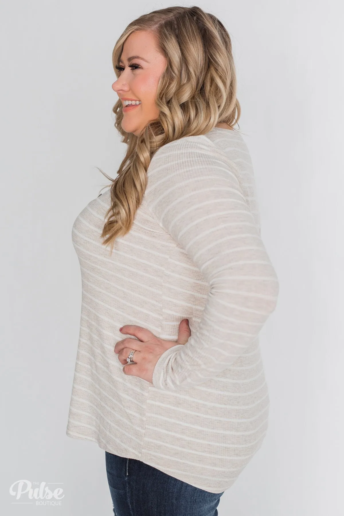 Never Forget You Pleated Striped Top- Oatmeal